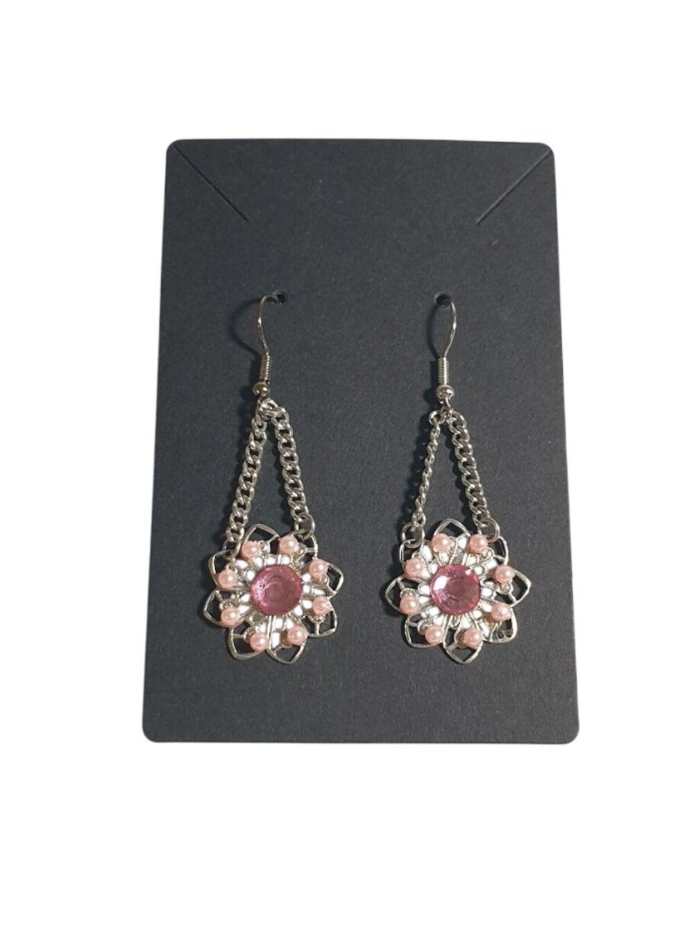 Silver Pink Flower Dangle Earrings Chain Hook Lightweight Women Handmade Gift